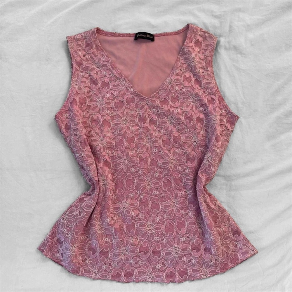 2000s deadstock Brittany Black baby pink‎ floral lace tank